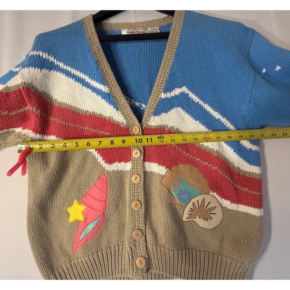 Sharon Young Coastal Fish Shell Knit Cardigan Cotton Sweater Medium - Picture 9 of 13